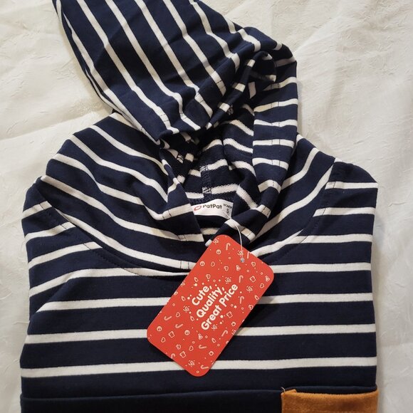 Pat Pat Blue and white Knit Sleeve Hoodie Pullover V Neck Sweatshirt Women S - Picture 6 of 6